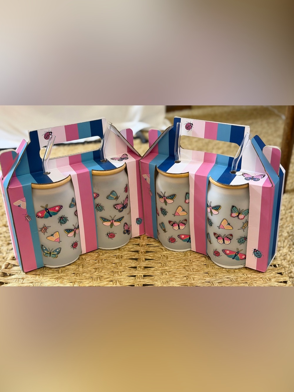 Butterfly Ceramic Tumbler Set - Pink & Blue Accents